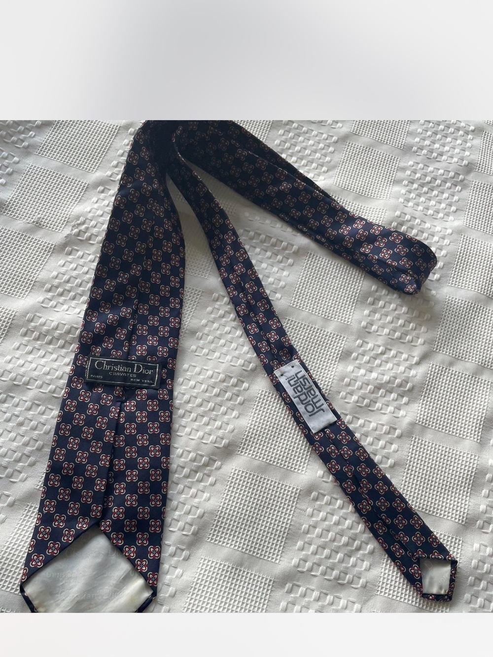 Christian Dior Navy Tie with Red and Cream Flower Medallion Motif